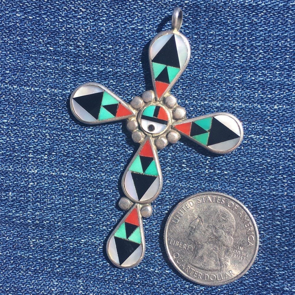 Vintage sterling silver Zuni cross turquoise MOP coral inlay
